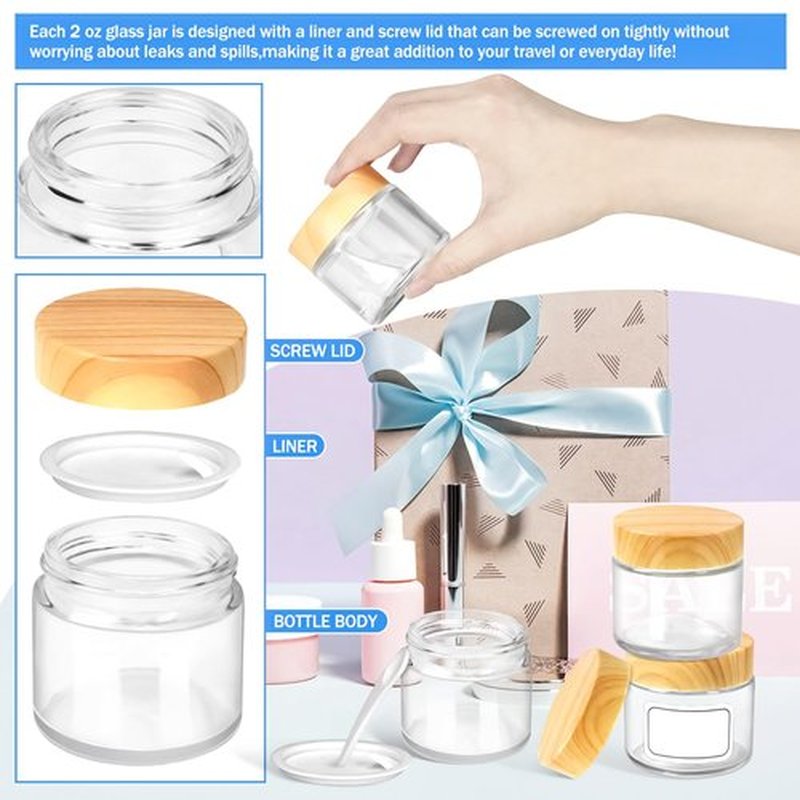 MotBach 4 Pack 2oz Glass Jars with Lids 60ml Mini Round Clear Glass Jars with Inner Liners and Spatulas, Travel Size Containers Jars for Toiletries Creams Cosmetic Makeup Sample Lotion (Woodgrain Lid)