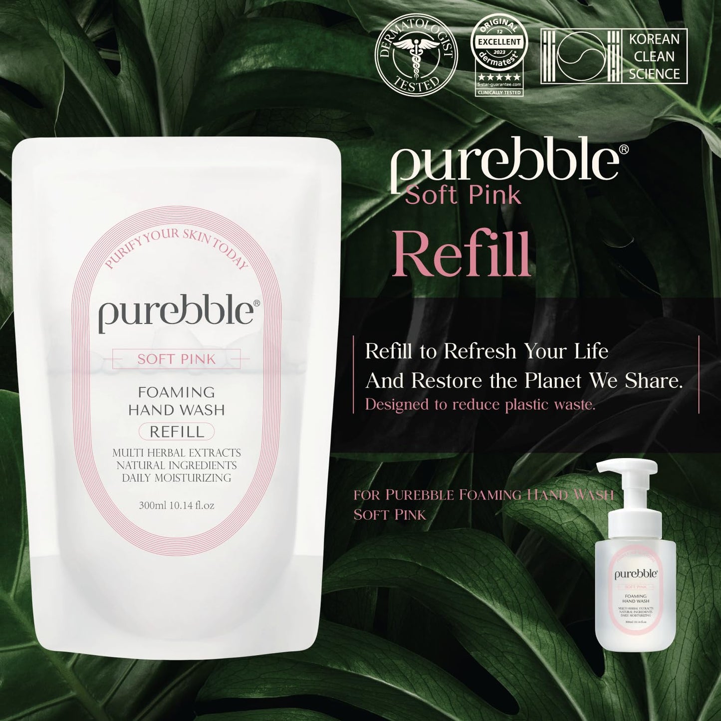 PUREBBLE Foaming Hand Wash, Soft Pink, 10.14fl.oz (Refill, Pack of 3)