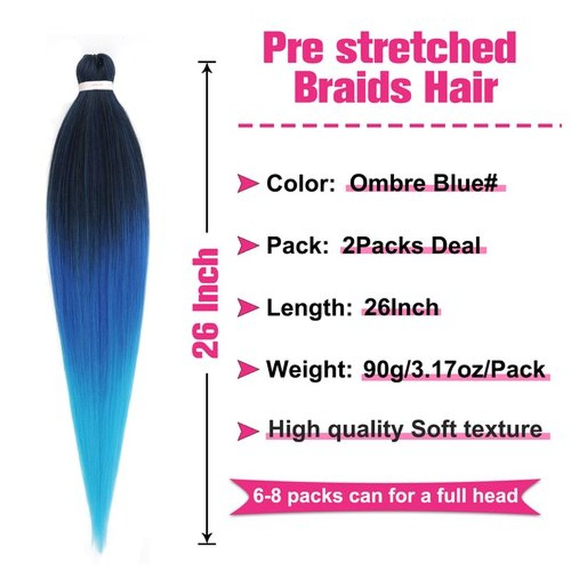 Unionbeauty Pre Stretched Braiding Hair 26 Inch Ombre Blue Braiding Hair 2 Packs EZ Braids Yaki Texture for Box Braids Hot Water Setting Crochet Braid Hair Extensions Synthetic Braiding Hair