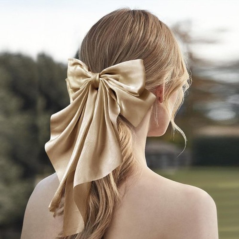 Hair Bows for Women Girls Silky Satin Big Bows Hair Barrettes Oversized Hair Accessories Long Tail Hair Ribbons -3Pcs -Black White Khaki