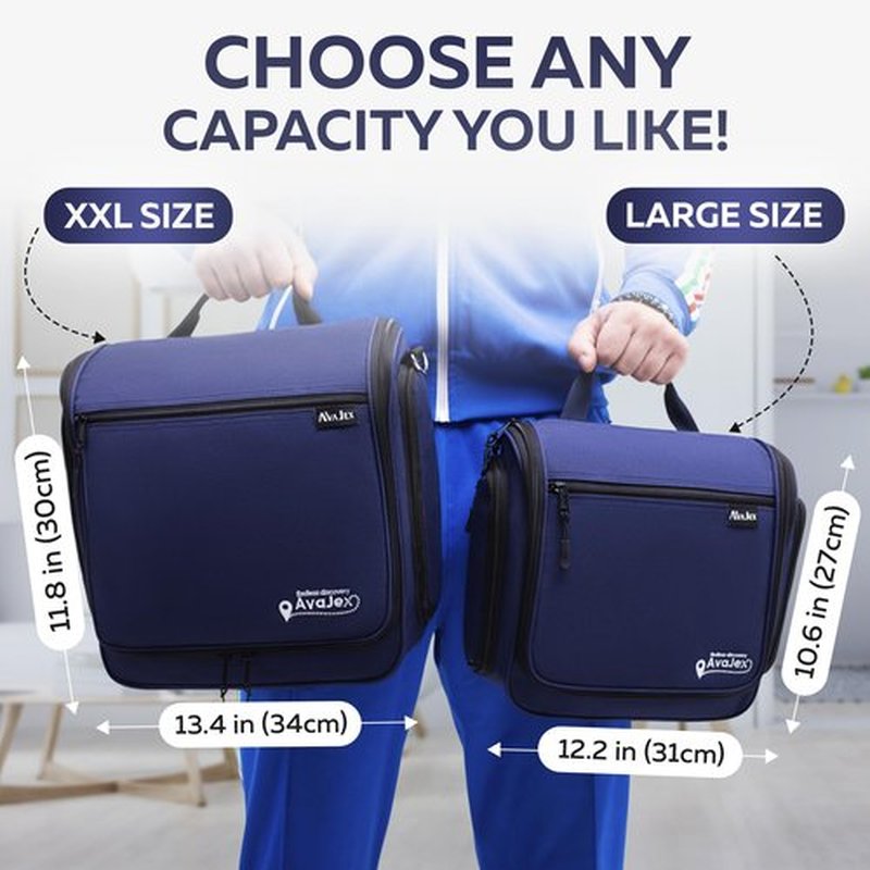 AvaJex Extra Large Hanging Travel Toiletry Bag for Men and Women - Cosmetic Travel Bag With Shoulder Strap - Waterproof Hygiene Bag with Metal Xxl Swivel Hook and 19 Compartments for Toiletries