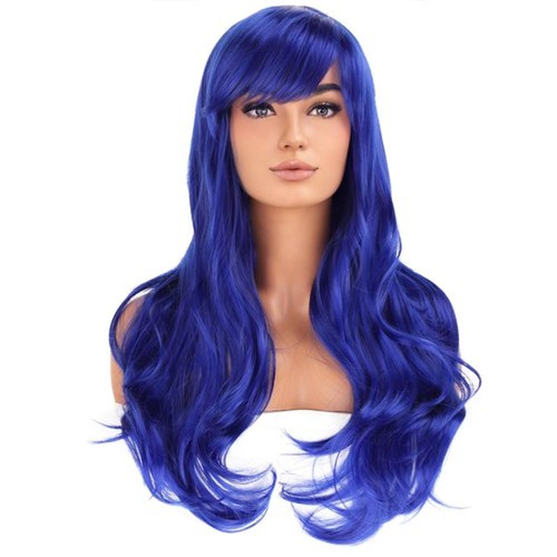 BERON Blue Wigs Long Curly Wavy Women Wigs with Bangs Dark Color Wave Heat Resistant Synthetic Wigs for Cosplay Daily Wigs Wig Cap Included