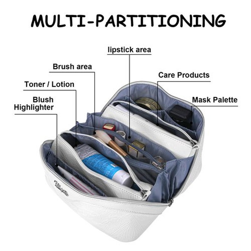 Travel Makeup Bags Cosmetic Organizer Bag: 3-Set Large Capacity Make up Bag - PU Leather Toiletry Bag for Women - Wide Open Portable Pouch with Divider & Handle (02-White)