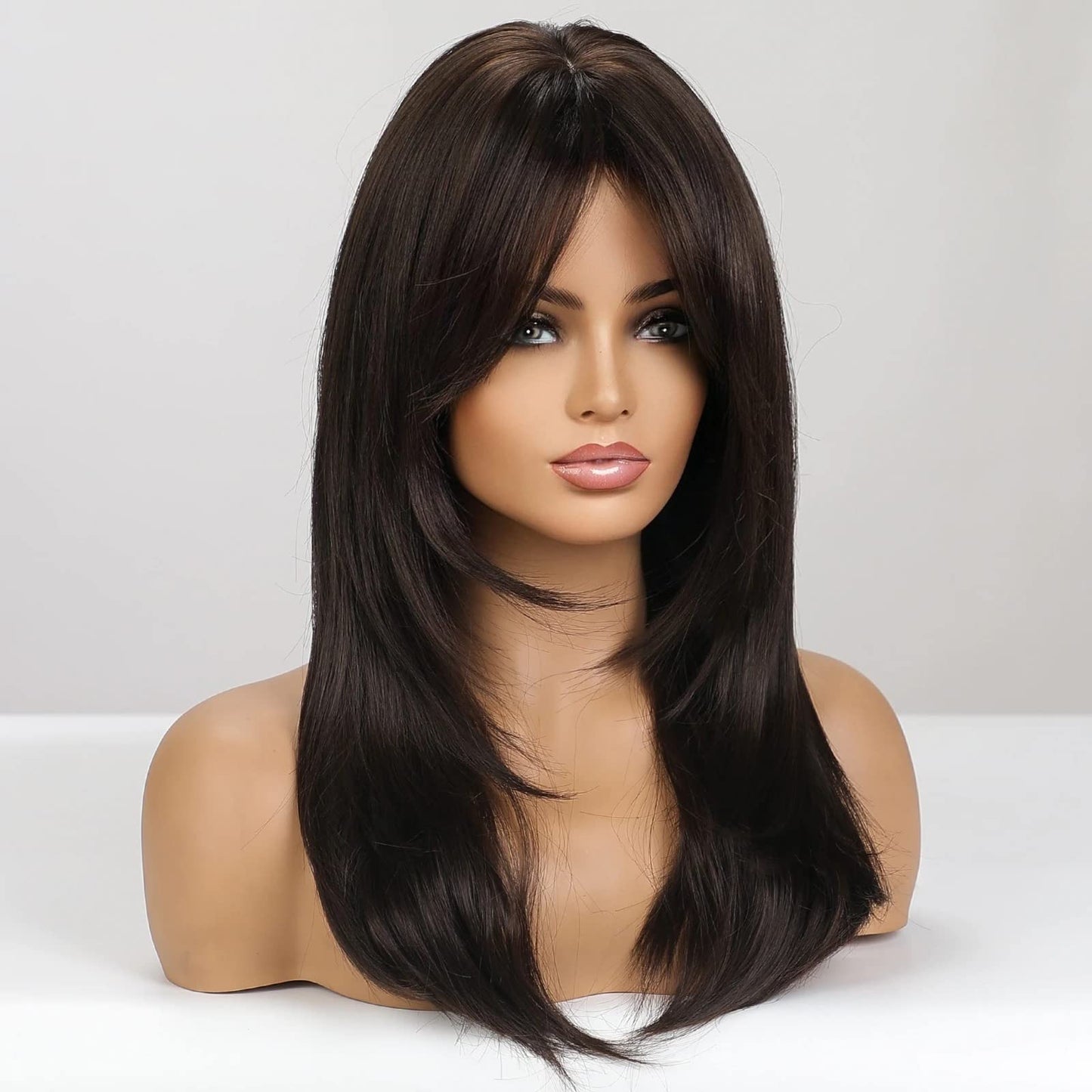 MAGQOO Dark Brown Wigs for Women Long Dark Brown Wig Dark Brown Layered Wig with Bangs Synthetic Heat Resistant