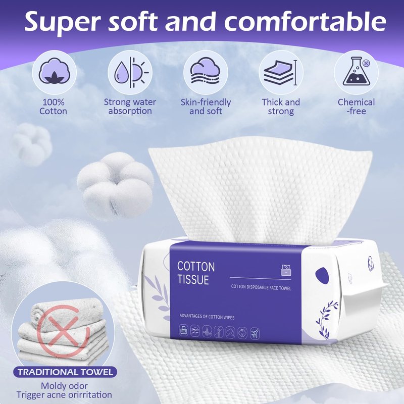 Disposable Face Towels - 200 Count Soft Cotton Dry Wipes | Ideal for Cleansing, Skincare & Makeup Removal