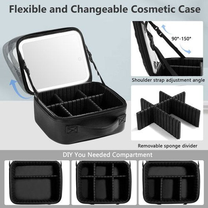 PEEH Travel Makeup Bag with Mirror of LED Lighted, Makeup Train Case with Adjustable Dividers and 10x Magnifying Mirror, Cosmetics Organizer for Women (Black)