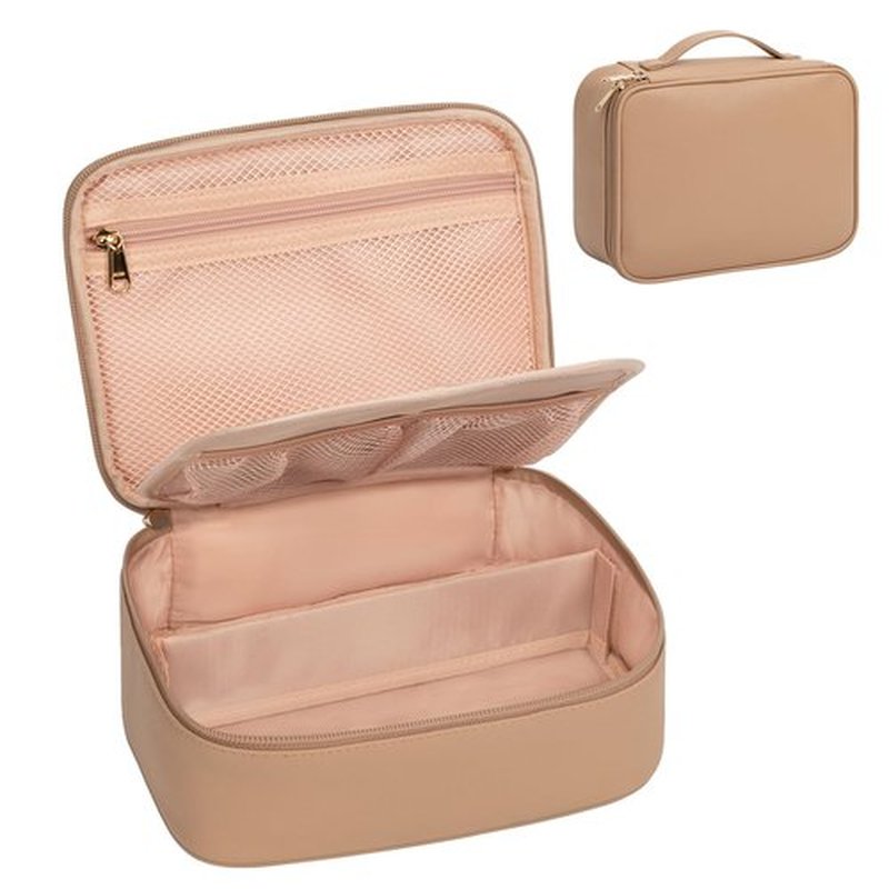 Makeup Bag, Potable Make up Bag Cute Makeup Organizer Bag for Toiletry Cosmetics Accessories with Divider and Brushes Compartments, Makeup Travel Case Cosmetic Bags Women and Girls- Beige Apricot