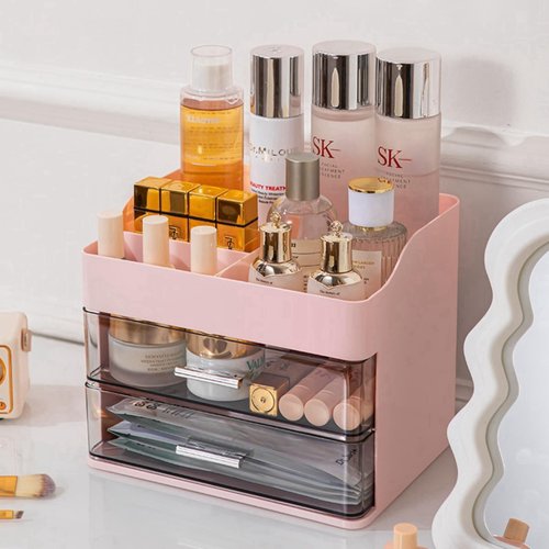Makeup Organizer for Vanity,Vanity Organizer with 2 Drawers,Makeup&Skincare Organizers Countertop,Cosmetic Display Case,Vanity Storage Box(Pink)
