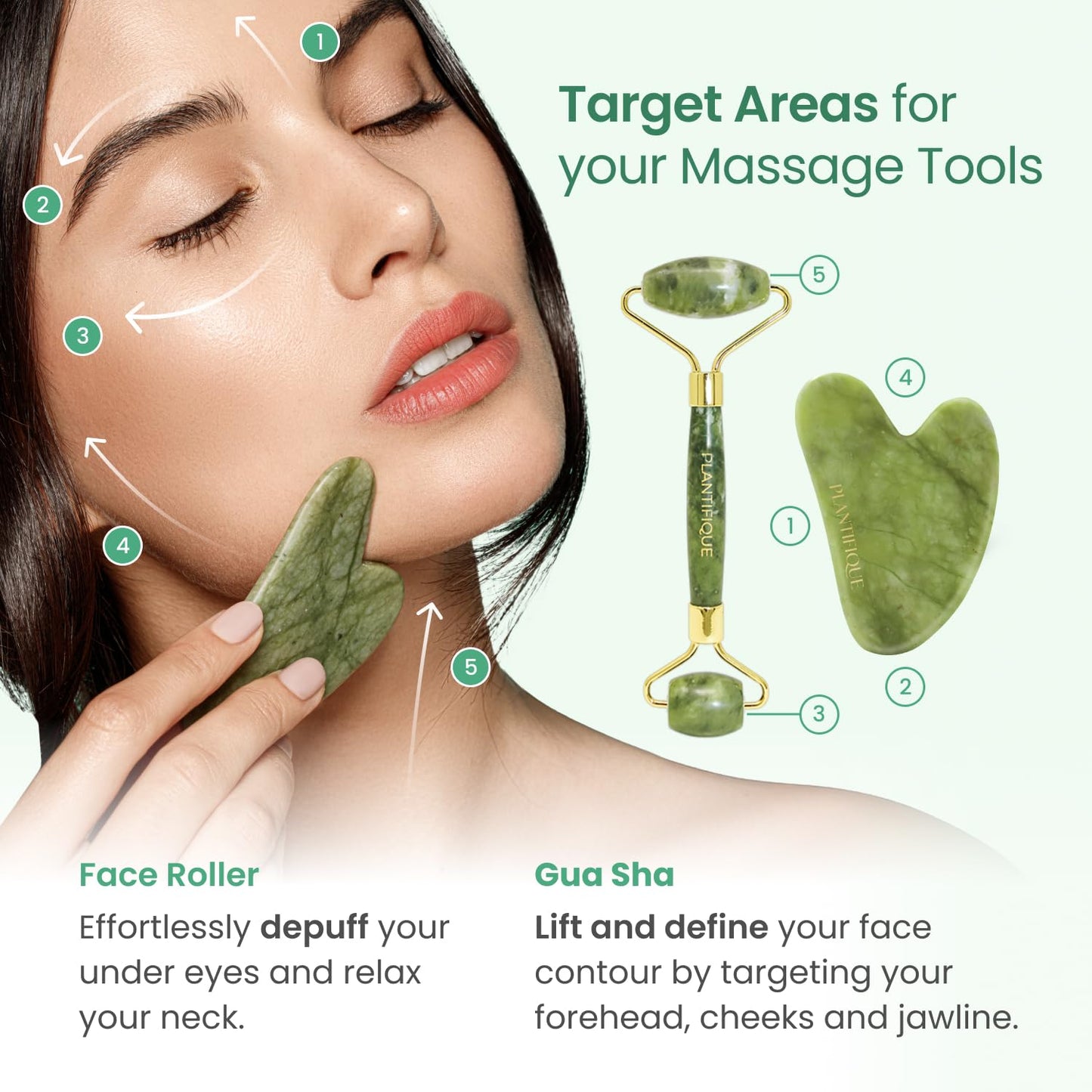 PLANTIFIQUE Jade Roller for Face Gua Sha Facial Tools and Gold Under Eye Patches for Puffy Eyes and Dark Circles 20 Pairs Under Eye Masks for Dark Circles and Puffiness Eye