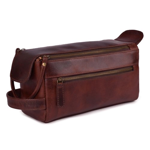 LEATHER VILLAGE Premium Leather Travel Toiletry Bag - Unisex Water-Resistant Travel Dopp Kit, Shaving & Cosmetic Organizer for Men & Women - Compact Bathroom Essentials - Cherry Brown