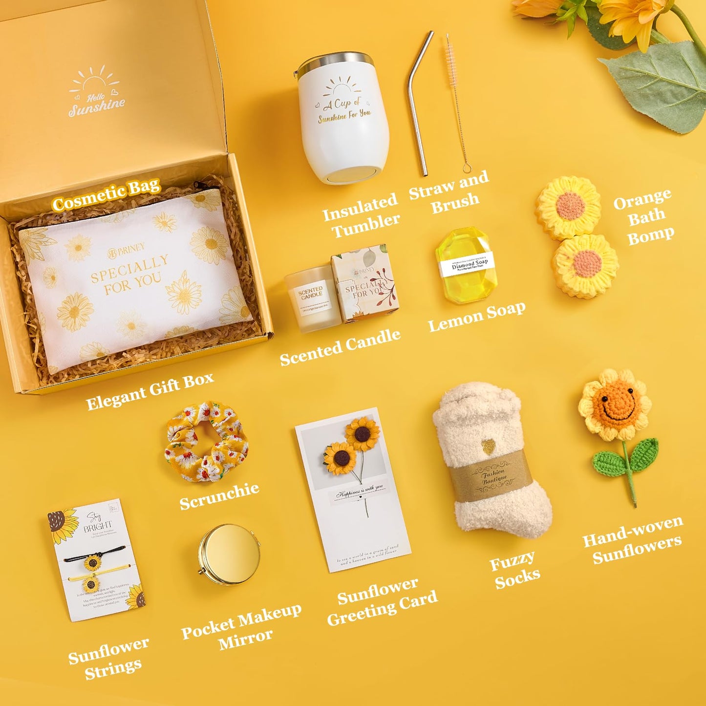 Briney Gift Baskets for Women, Mothers Day Gifts for Friends, Yellow Birthday Valentines Women Day Easter Present Sunflower Care Package Spa Basket for Girlfriend Wife Mom Sister
