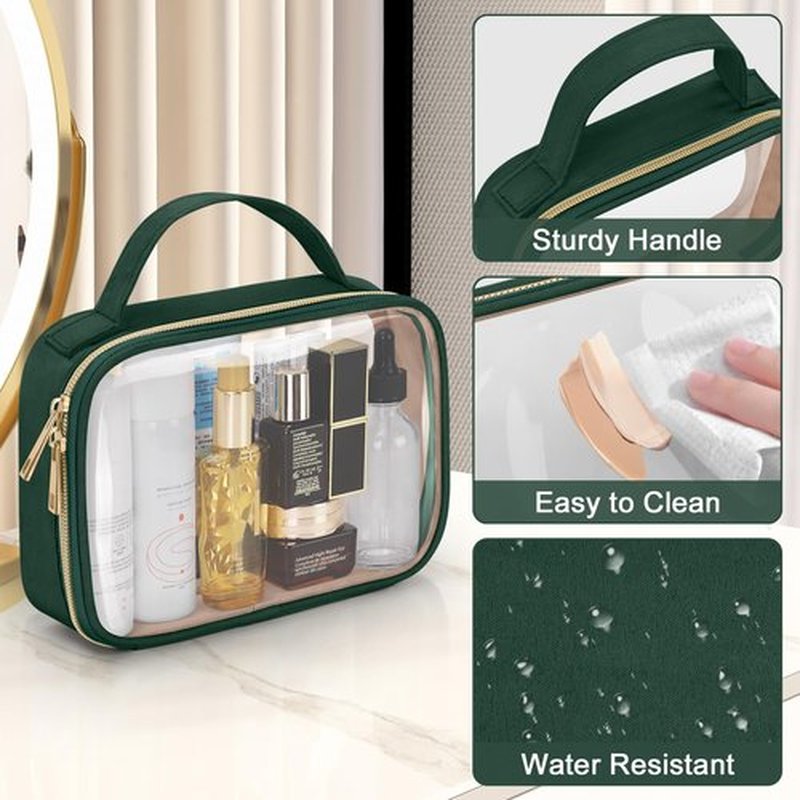 Wedama TSA Approved Toiletry Bag, 3 Pack Clear Makeup Bags with Handles, Quart Size Clear Toiletry Bags, PVC Cosmetic Bags for Women and Men, Carry on Airport Airlin (Dark Green, 3 Pack, Medium)