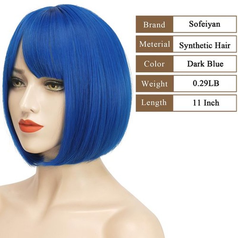 SOFEIYAN Short Straight Bob Wigs with Bangs 11 inch Synthetic Daily Party Cosplay Hair Wig for Black Women, Dark Blue