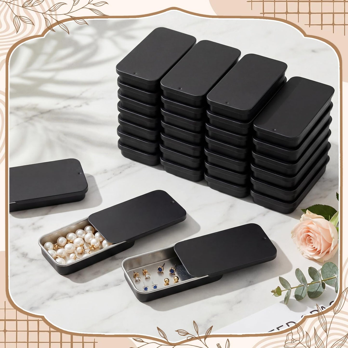 Norme 100 Pcs Black Slide Top Small Tin Containers Rectangular Cosmetics Metal Boxes Small Lip Balm Containers Tin Box Metal Tins with Lids for Lip Balm Jewelry Crafts Pills, 3.15 x 1.38 x 0.43"