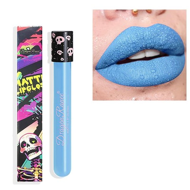 Easilydays Sky Blue Matte Liquid Lipstick, Skull Face Diamond Shiny Gothic Lip Gloss, Sparkling High Pigment Waterproof Longlasting Lip Shimmer Lip Glaze for Halloween Parties Cosplay Makeup, #02