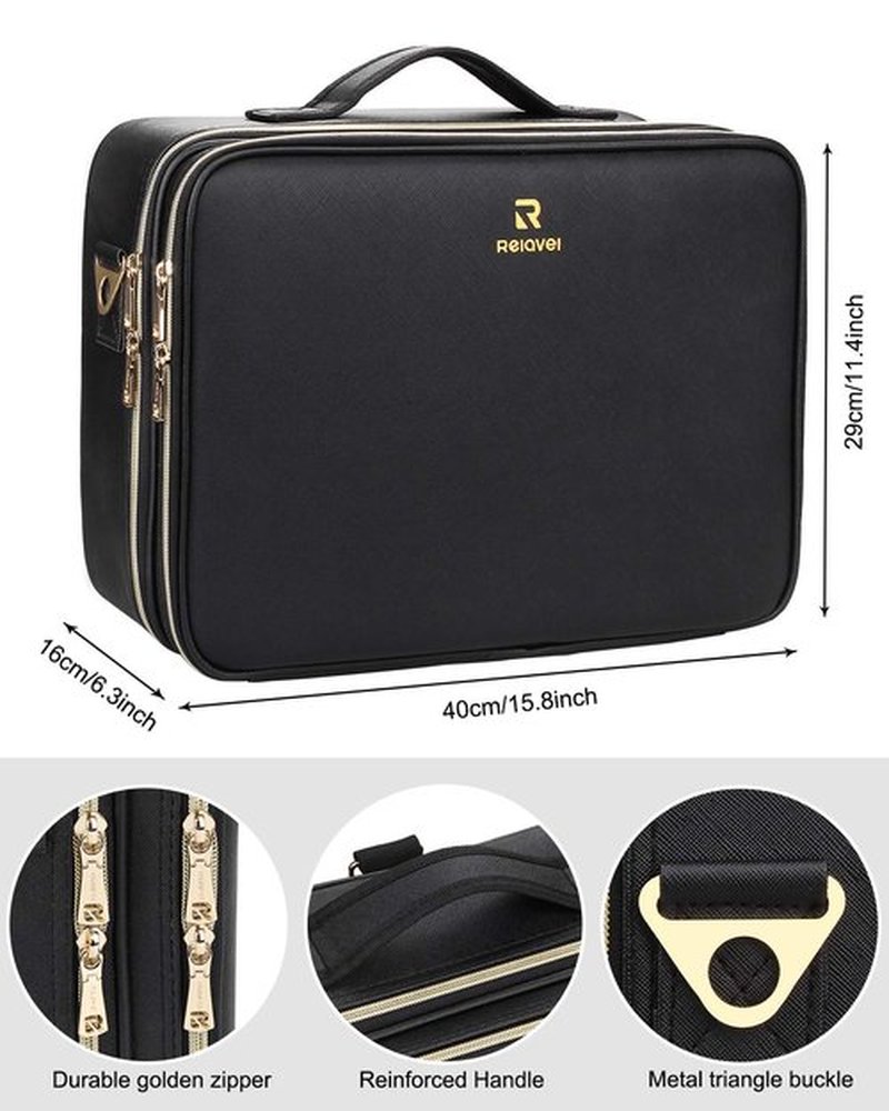 Relavel Makeup Case Large Makeup Bag Professional Train Case 16.5 inches Travel Cosmetic Organizer Brush Holder Waterproof Makeup Artist Storage Box, 3 Layer Large Capacity, with Adjustable Strap