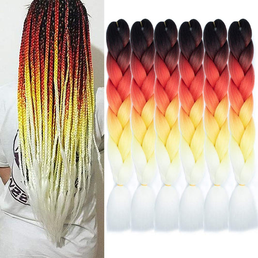 SHUOHAN 6 Packs Ombre Jumbo Braiding Hair Extensions 24 Inch High Temperature Synthetic Fiber Hair Extensions for Box Braids Braiding Hair (Black to Red to Yellow to White)