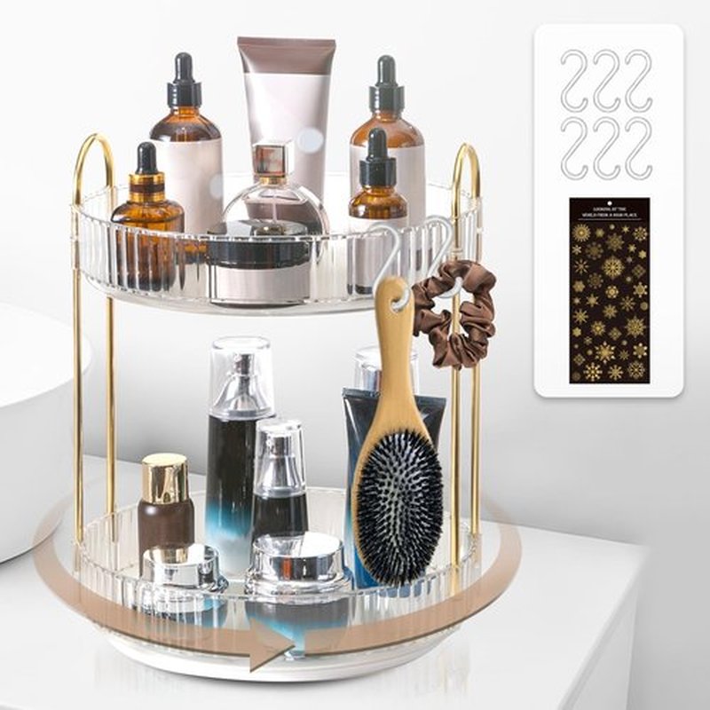 Rotating Makeup Organizer for Vanity,Lazy Susan Organizer Rotating Skincare Make Up Storage Cosmetic Dresser Organizer Countertop Organizer with Extra Hooks DIY Stickers for Bathroom