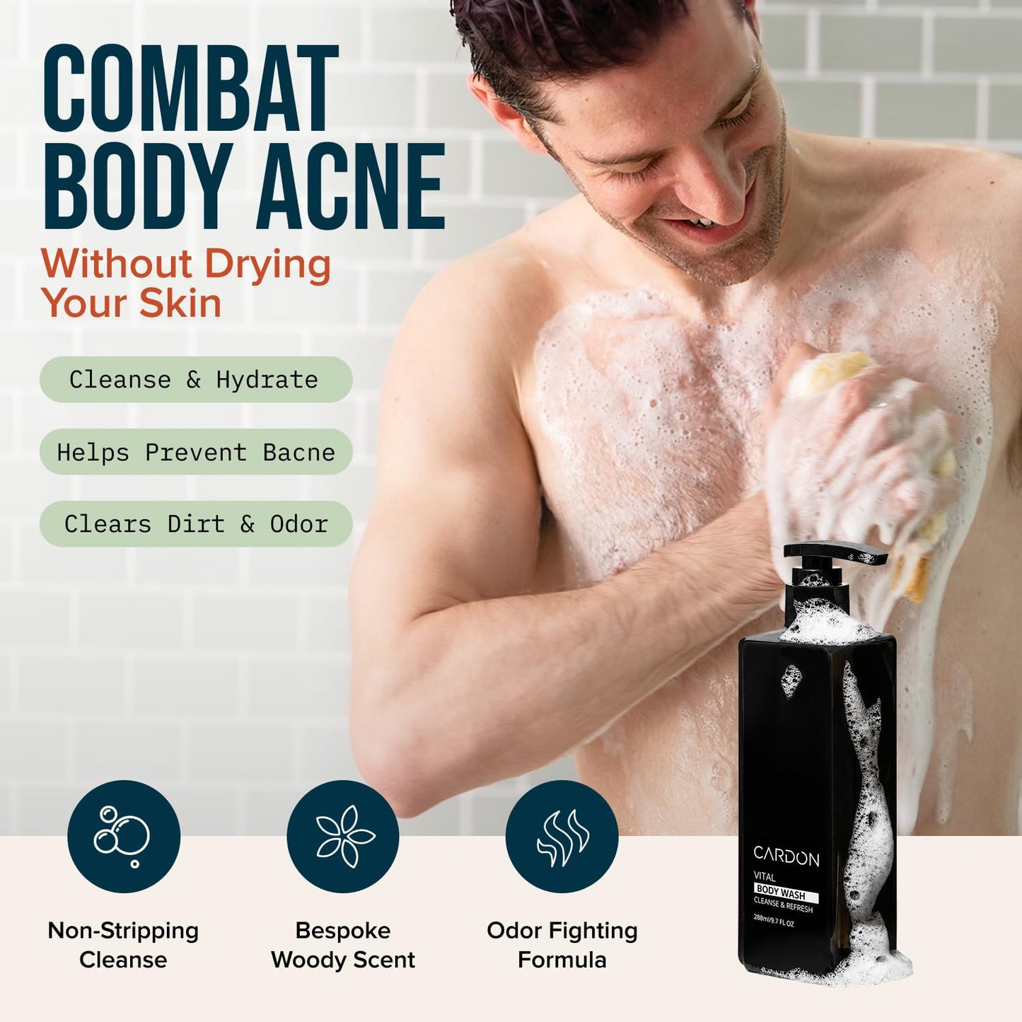 Cardon Acne Clearing Men's Body Wash, Korean Skin Care, All Natural Green Tea Extract, Sea Buckthorn, & Cica Combat Breakouts, Prevent Body Odor to Deeply Cleanse w/o Stripping (1 PK)