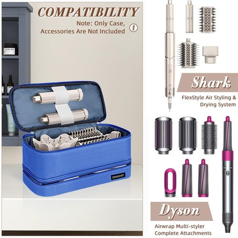 ZRRAJOY Double Layer Storage Case For Shark Flexstyle, Travel Carrying Case For Shark 430/440 Flexstyle, Organizer Bag For Shark Flexstyle/Dyson Airwrap Styler Attachments (Blue)