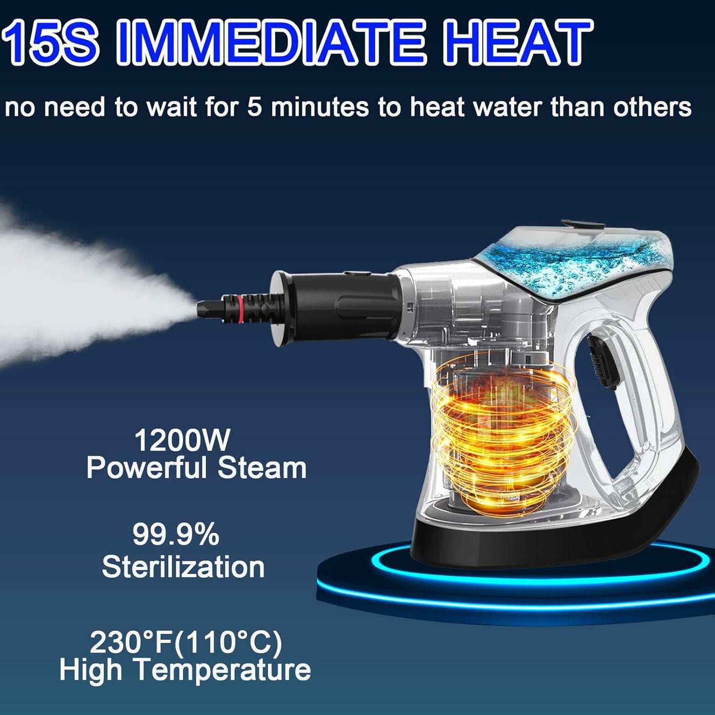 Handheld Steam Cleaner - 10S Quick Heat, Large Water Tank & 9 Accessories | Multi-Surface Use for Home, Kitchen & Car (White/Black)