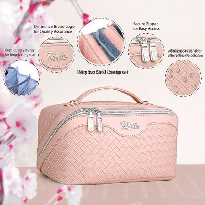 Travel Makeup Bags Cosmetic Organizer Bag: Large Capacity Make up Bag Set of 3 - Vegan Leather Toiletry Bag for Women - Portable Makeup Organizer with Compartments & Handle & Divider (01 Light Pink)