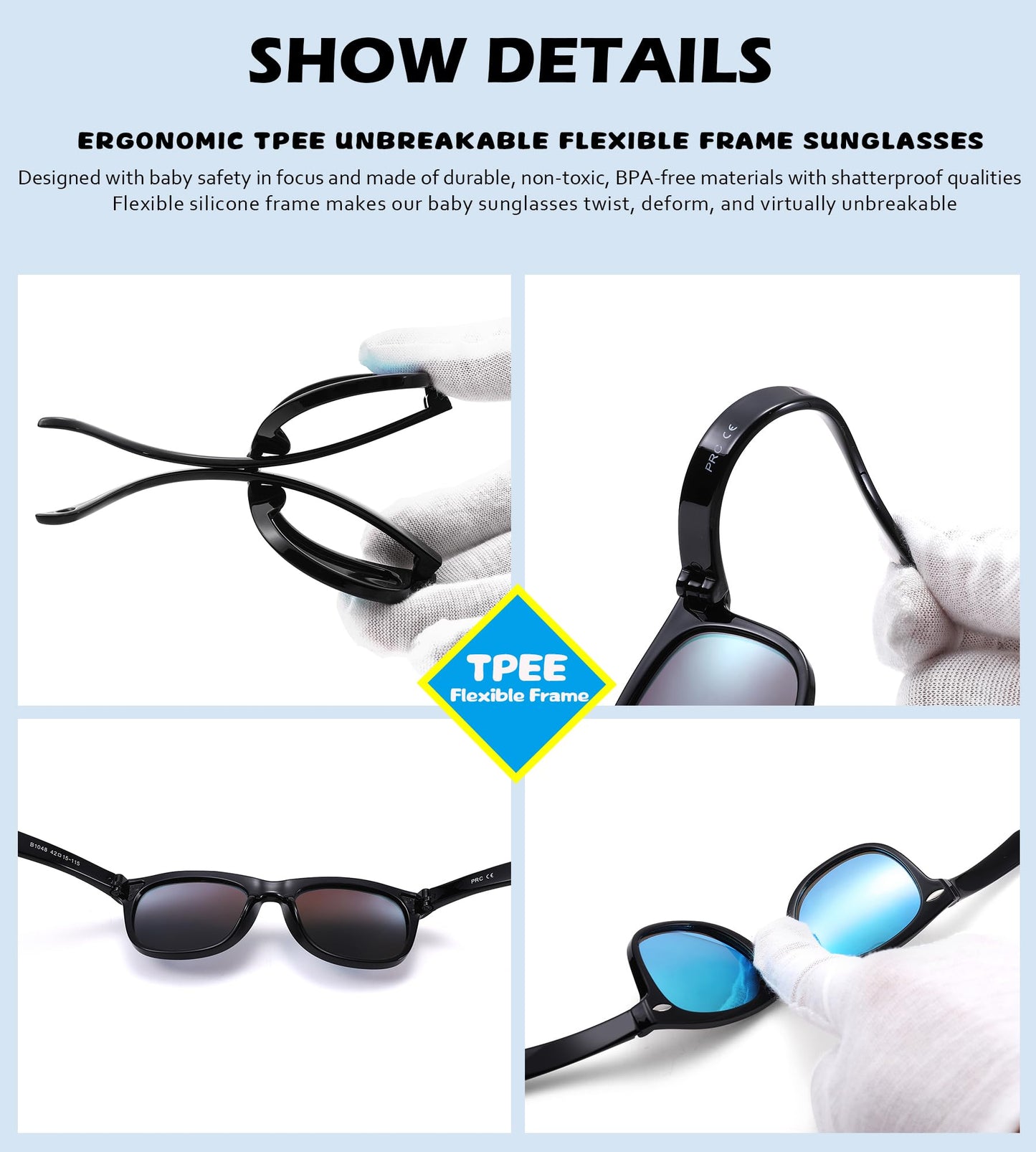 NULOOQ Polarized Baby Sunglasses with Strap - Unbreakable Flexible Infant Sunglasses for Toddlers Age 0-24 Months (Black/Blue + Gray/Gold + Black/Blue) - 3 Pack