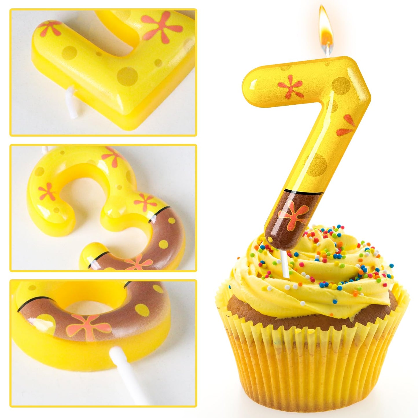 NHJINX Number 7 Birthday Candle, 7th Birthday Cake Decoration, Playful Yellow and Polka Dot Print, Suitable for Ocean Cartoon Theme Party Supplies and Celebration Decorations(Yellow 7)