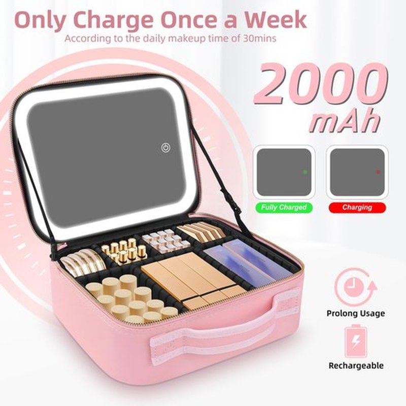 RRtide Makeup Bag with Mirror of LED Lighted, Travel Makeup Train Case Cosmetic Bag Organizer with Mirror and Lights, Make up Bag with Light up Mirror Adjustable Divider Brush Board