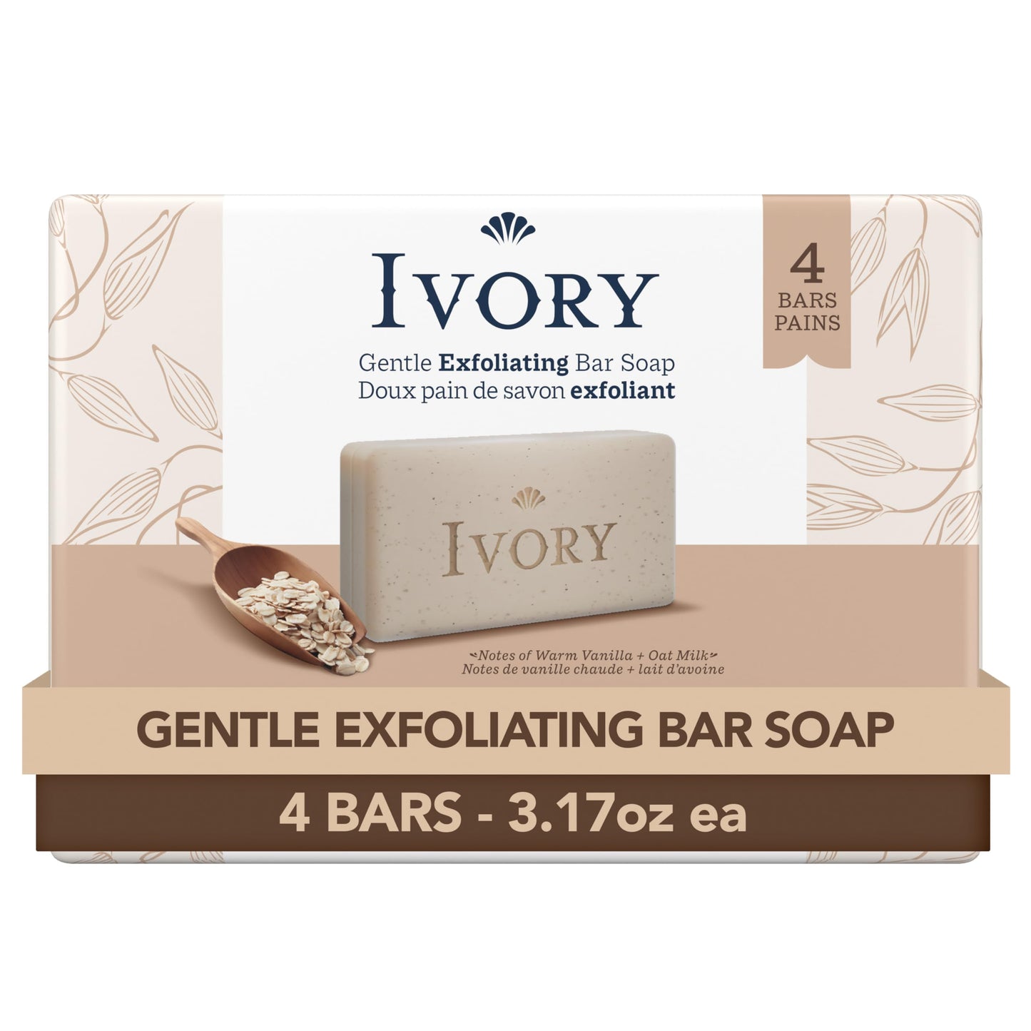 Ivory Exfoliating Bath Bar Soap, Designed for Whole Family with Plant-Based Cleansers, Made Without Heavy Perfumes, Parabens or Phthalates, Warm Vanilla + Oat Milk Scent, 3.17 oz (4 Count) (Pack of 8)