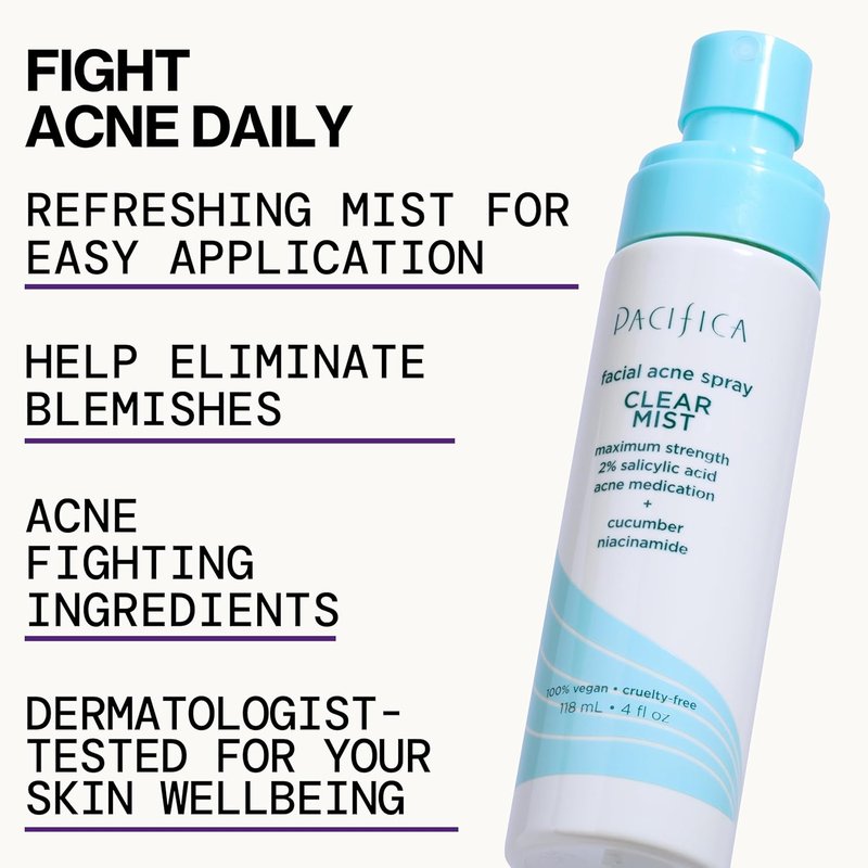 Pacifica Acne Treatment Facial Spray - Clear Mist with 2% Salicylic Acid & Niacinamide | Vegan, Dermatologist Tested