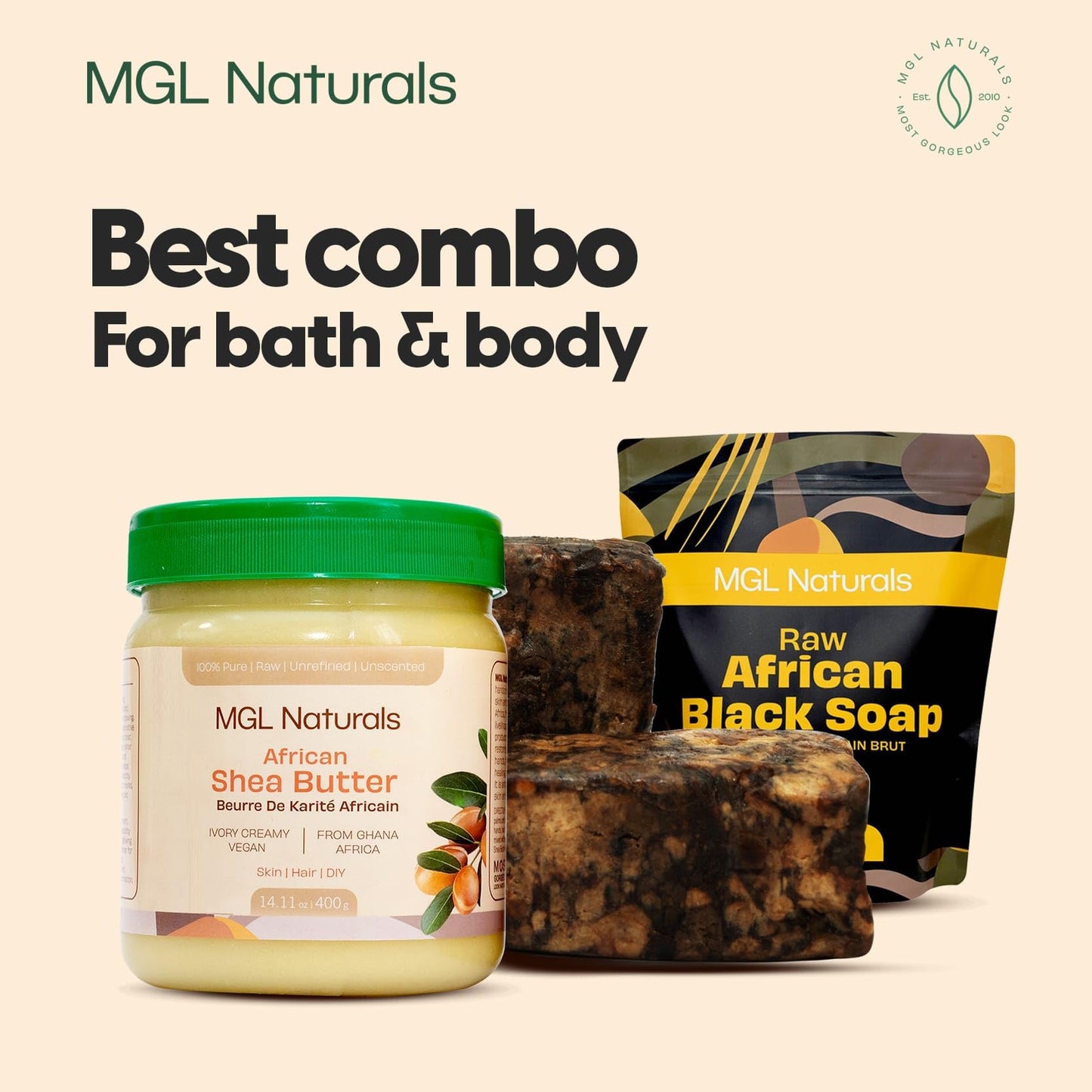 MGL Naturals Raw African Black Soap 2.2 lb from Ghana, Africa | Vegan & Organic | Face and body deep cleanse wash. (2.2 lb | 1 kg | 36 oz)