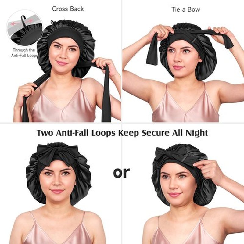 YFONG 100% 22 Momme Mulberry Silk Bonnet for Sleeping Women - Larger Double Layer Silk Hair Wrap – Non-Slip Silk Turban - Hair Silk Bonnet for Sleeping Women - Silk Cap for Sleeping, Black