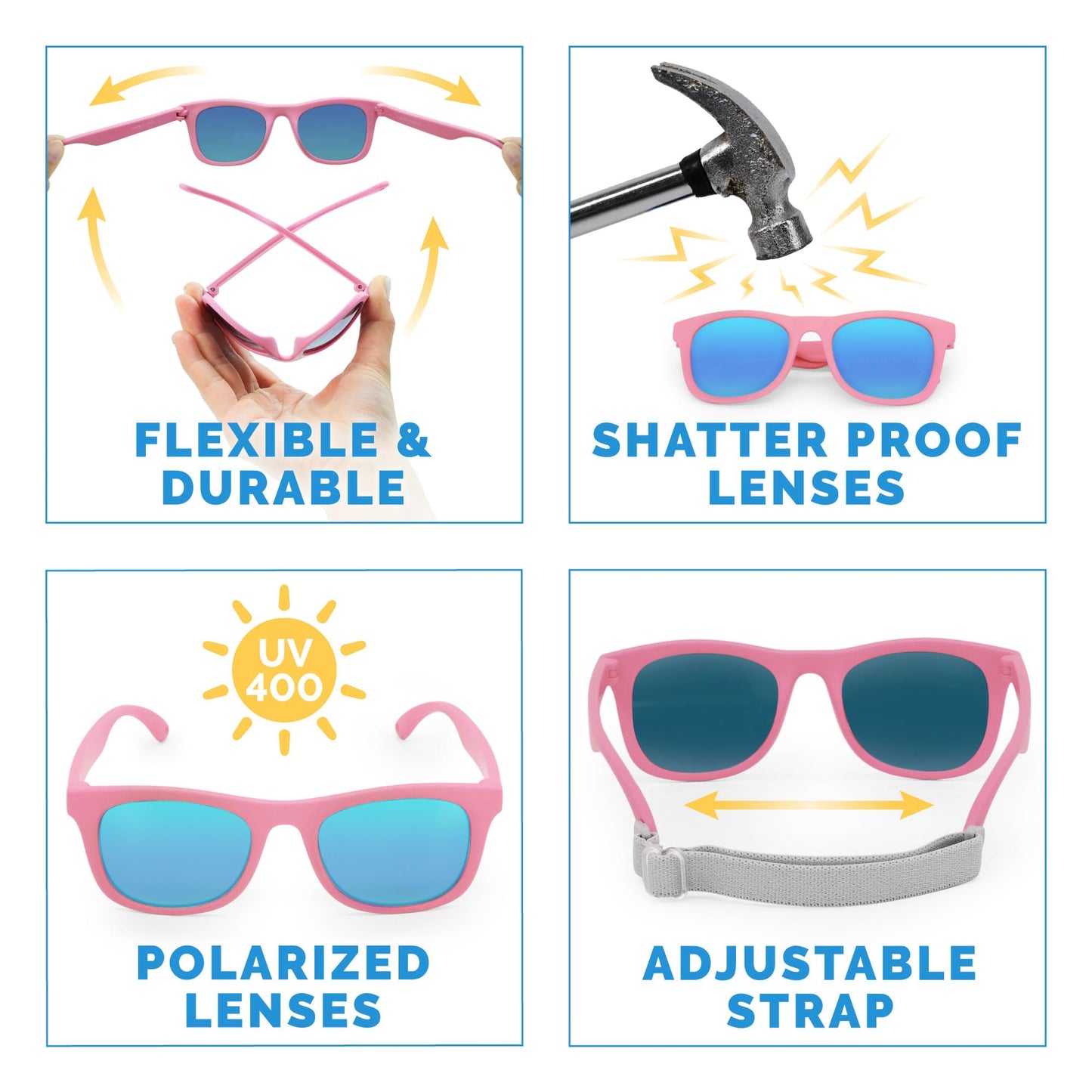 JAN & JUL Baby Girl Sunglasses with Strap, Flexible Soft Frames, Mirrored UV400 Lenses (S: 6 Months-2 Years, Peachy Pink Aurora)