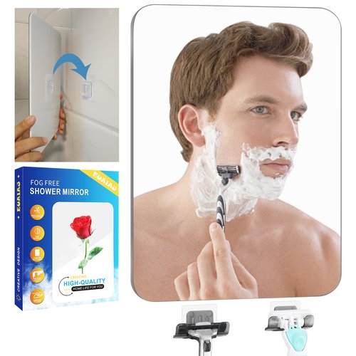 EUAIAJ Shower Mirror Fogless Shaving Large(10.2x7.8in) - Includes 2 Razor Holders & 2 Mirror Holders, Unbreakable & Easy Install & NO-Drilling, Fog Free (No Fog) Shower Mirror for Shaving