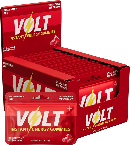 Volt Instant Energy Gummies - 100mg Caffeine Chews for Fast-Acting Workout Fuel | Strawberry Jam - 12 Pack