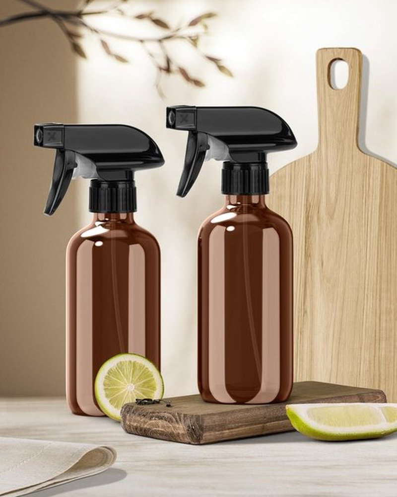 Bontip Glass Spray Bottle, Amber Glass Spray Bottle Set & Accessories for Non-toxic Window Cleaners Aromatherapy Facial Hydration Watering Flowers Hair Care (2 Pack/8 oz) (Amber)