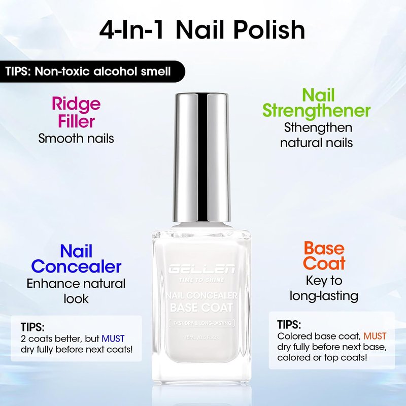 GELLEN 4-In-1 Illuminating Nail Concealer Base Coat - Sheer Milky White | Quick Dry Calcium Formula for Natural Nails