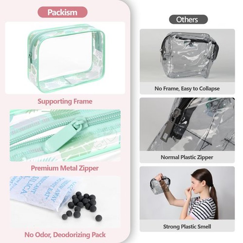 PACKISM TSA Approved Toiletry Bag - Light Green Turtle Leaves Print Clear Toiletry Bags, Suitable for Gifts, with Supporting Frame, Perfect for Travel Essentials, Thick No Smell
