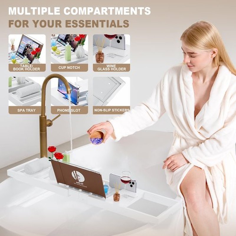 Yirilan Foldable Bathtub Caddy, Expandable Bath Caddy Tray, Unique House Warming Gifts, New Home, Anniversary and Wedding Gifts for Couple, White