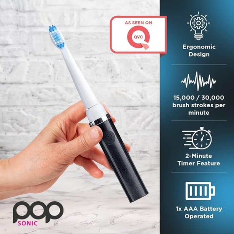 Pop Sonic Electric Toothbrush (Black + 6 Brush Heads) - Travel Toothbrushes w/AAA Battery | Kids Electric Toothbrushes with 2 Speed & 15,000-30,000 Strokes/Minute, Dupont Nylon Bristles