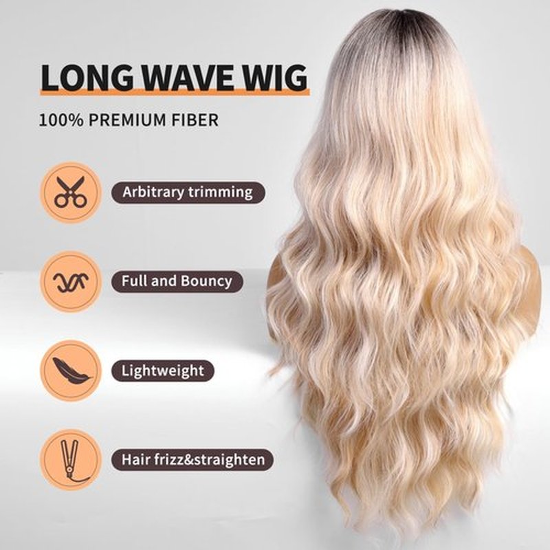 KOME Ombre Blonde Wigs with Bangs,Long Curly Wig for Women,Blonde Long Wavy Wig Synthetic Hair Wig for Party Cosplay Daily Use 24IN