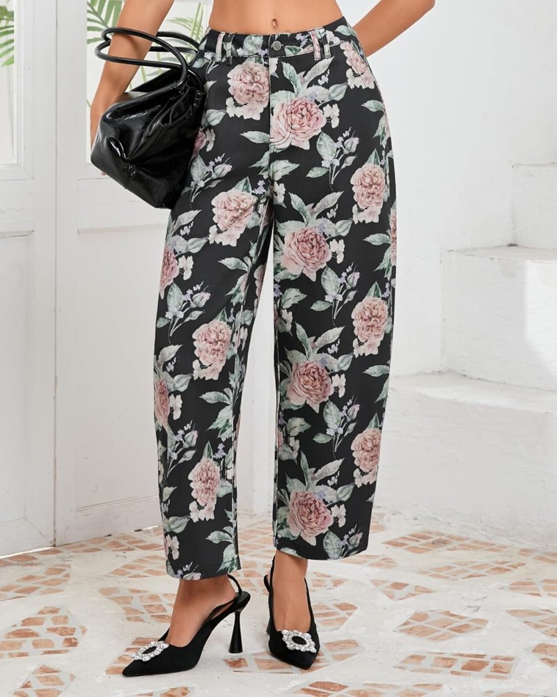 Floral Embroidered Barrel Jeans for Women - Wide Leg Mid Rise Boyfriend Denim Pants with Pockets | Ankle Length