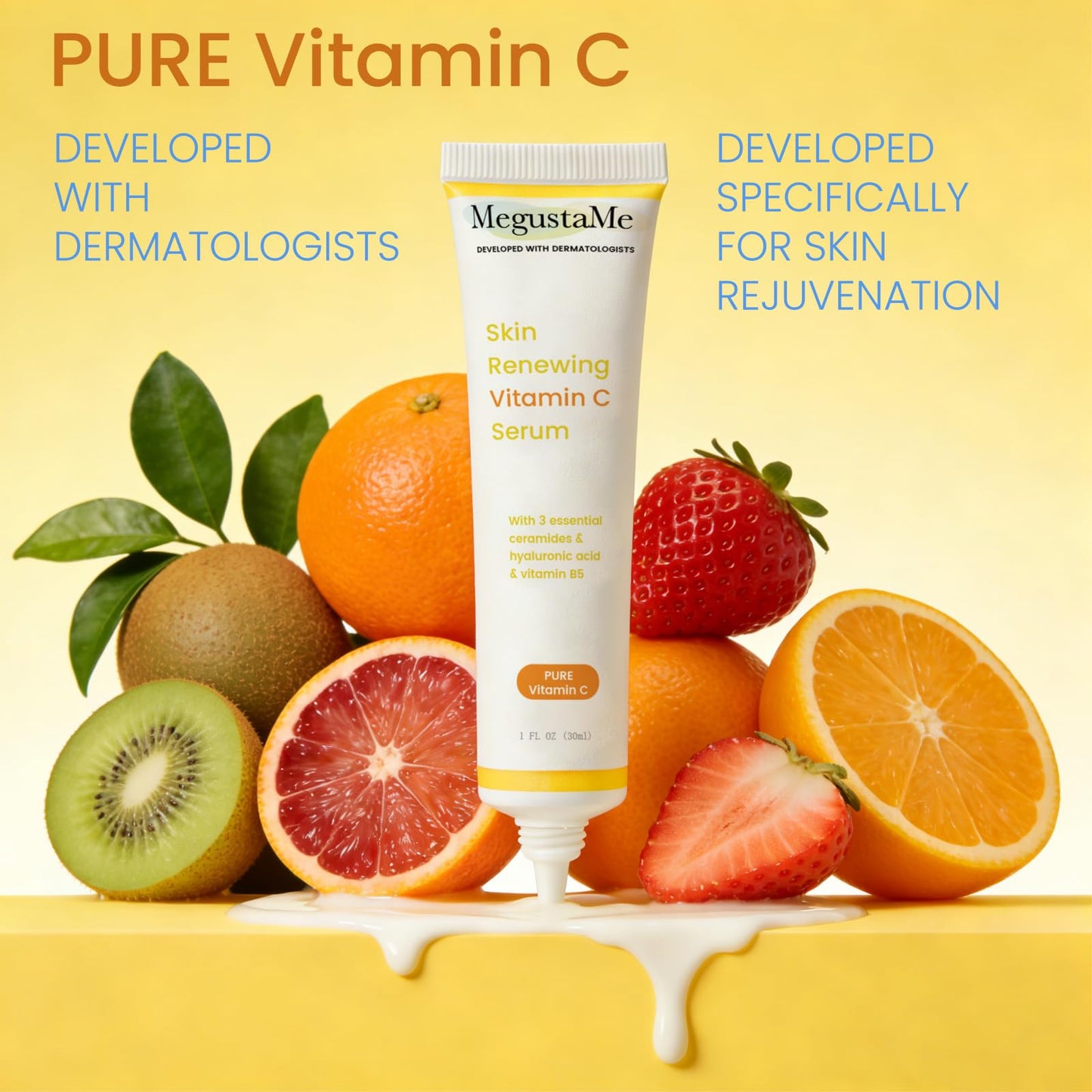 MegustaMe Skin Renewing Vitamin C Serum 30ml - Pure Vitamin C Serum Dermatologist Developed Brightening Antioxidant Face Serum for Glowing Skin,Hydrating Skin Barrier Repair Serum.
