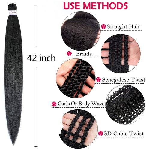 Alrence Pre Stretched Braiding Hair Long Braid 42 Inch 8 Packs Professional Braiding Hair Extensions Synthetic Crochet Twist Braids (42 Inch, 1B#)