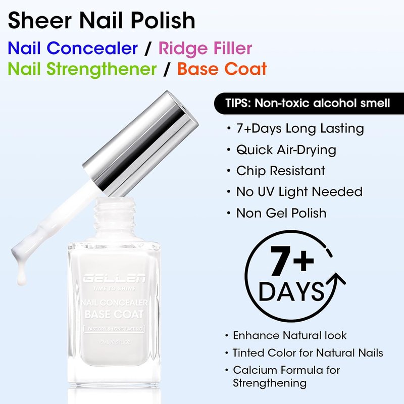 GELLEN 4-In-1 Illuminating Nail Concealer Base Coat - Sheer Milky White | Quick Dry Calcium Formula for Natural Nails