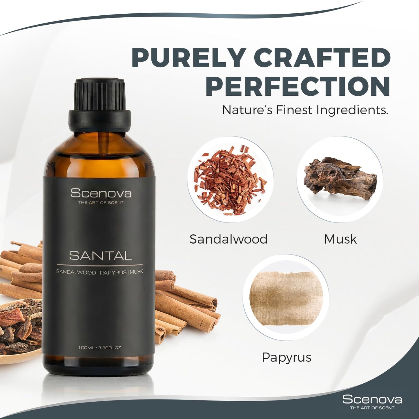 Santal Diffuser Oil, Sandalwood, Papyrus, Cardamom, Max Concentration, 100ml 3.4 Fl Oz. Aromatherapy, IFRA Certified. Non GMO, Child and Pet Safe.