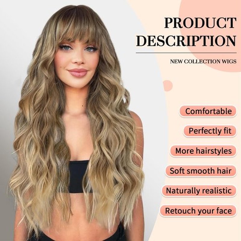 KOME Ombre Blonde Wigs with Bangs,Blonde Highlight Long Wavy Wig for Women,Long Curly Synthetic Hair Wig for Party Cosplay Daily Use 24IN