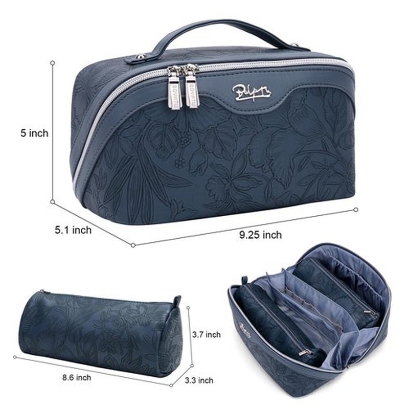 Travel Makeup Bags Cosmetic Organizer Bag: 3-Set Large Capacity Make up Bag - PU Leather Toiletry Bag for Women - Wide Open Portable Pouch with Divider & Handle (02-Dark Blue)