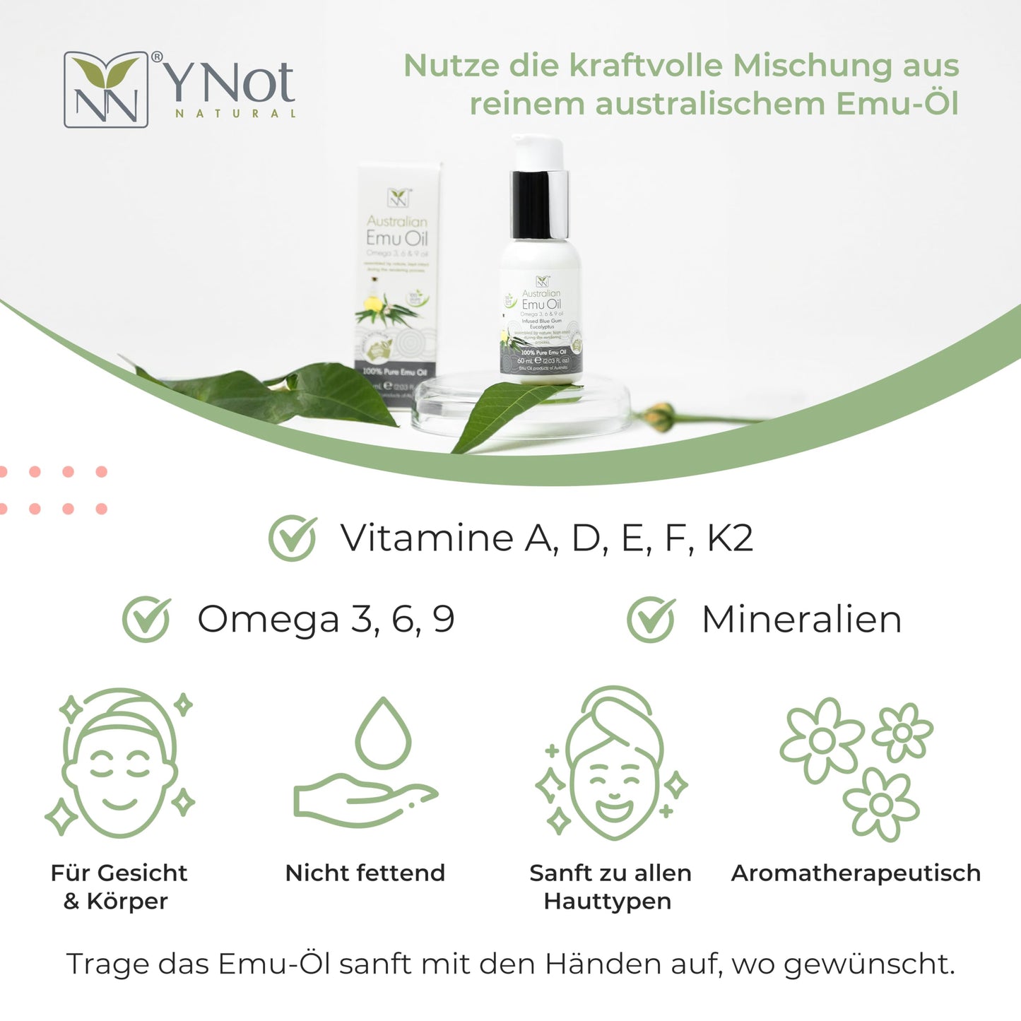 Y Not Natural Pure Emu Oil - Organic Moisture for Face, Body, Hair, Scalp & Nails - Rich in Omega 3-6-9, Vitamins & Essential Minerals - Australian Emu Oil (60ml) 2.03 fl oz - Eucalyptus